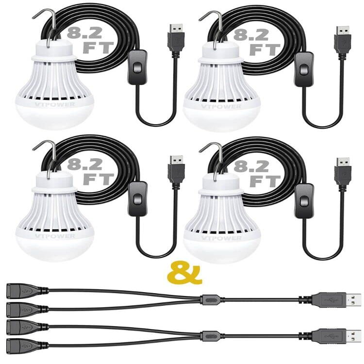 VTpower 4 Pack Portable LED Bulb, 5W USB LED Camping Light for Garage Warehouse Car Truck Fishing Boat Outdoor Emergency Light Children Bed Room, 2.5m/8.2ft Extension Cord