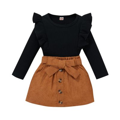 Amiblvowa Little Toddler Girl Fall Skirt Set Solid Color T-Shirt Tops Corduroy Denim Mini Skirt Outfits Vintage Fashion Clothes