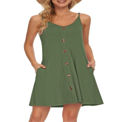 MISFAY Women's Summer Spaghetti Strap Casual Swing Tank Beach Cover Up Dress with Pockets(Army Green,M)