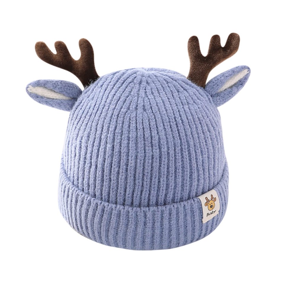 LEOMOSTE Baby Beanie Hat Cute Antlers Reindeer Crochet Knitted Hat Winter Warm Cap for Toddler Boys Girls Blue