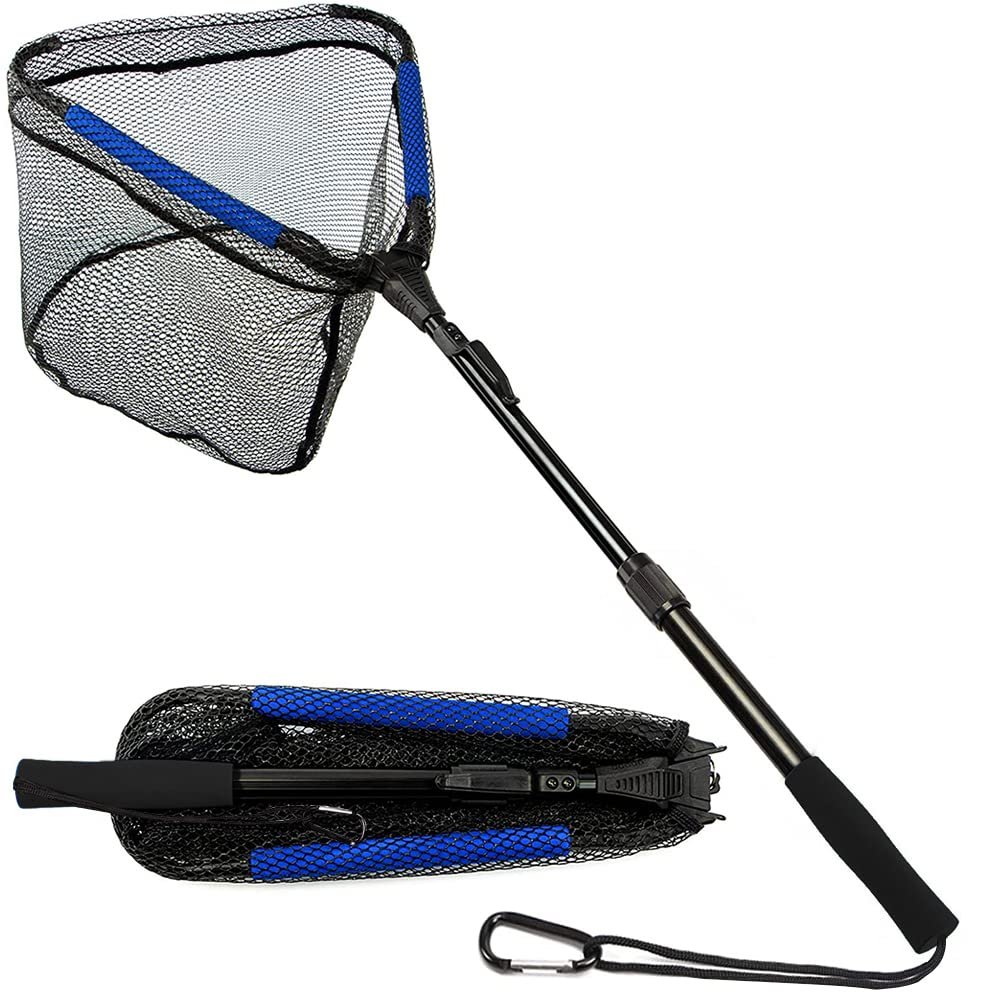 LBW Collapsible Rubber Fishing Net with Telescoping Handle, Folding Kayak Net for Freshwater or Saltwater, Portable Floating Landing Net for Trout, Catfish, Bass