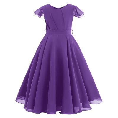 Flower Girls Ruffle Sleeve Ruched Chiffon Long Dress Wedding Bridesmaid Princess Pageant Party Formal Maxi Gown Birthday First Communion Evening Dance Full Length Gown Dark Purple 7-8 Years