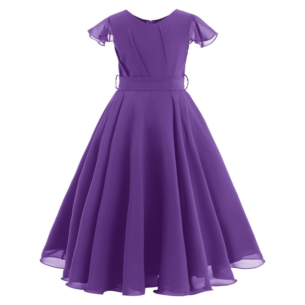 Flower Girls Ruffle Sleeve Ruched Chiffon Long Dress Wedding Bridesmaid Princess Pageant Party Formal Maxi Gown Birthday First Communion Evening Dance Full Length Gown Dark Purple 7-8 Years