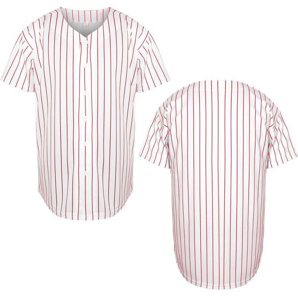 Mens Blank Plain Baseball Jersey Button Down Shirts Sports Hip Hop Hipster Jersey S-3XL (Red Stripe, XX-Large)