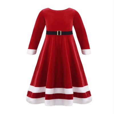 Hansber Girls Christmas Outfits Long Sleeve Faux Fur Trimming Velvet Figure Roller Skating Baton Twirling Dress Red-Long Dress 2