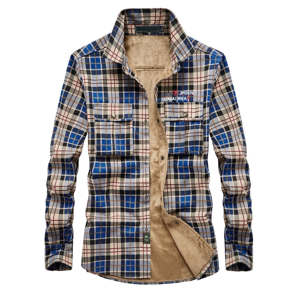 QWENTMTNTY Mens Flannel Plaid Shirts Soft Fleece Lined Long Sleeve Thermal Warm Shacket Jacket Button Down Shirts Outerwear Blue