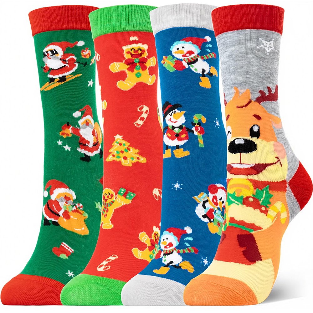 Dsia Zamur Christmas Socks for Kids Boys Girls + Gift Box, 4 Pack Novelty Crazy Santa Claus Crew Socks 4-7 Years