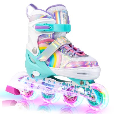 SULIFEEL Rainbow Unicorn Adjustable Inline Skates for Girls Boys and Youth with All Illuminating PU Wheels for Outdoor and Indoor Beginner Skates Large