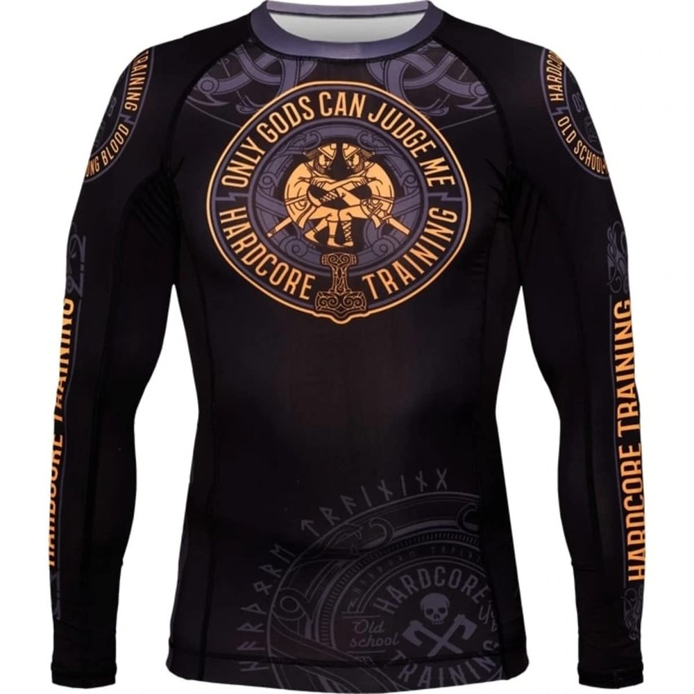 Hardcore Training Glima Men's Rash Guard Compression Long Sleeve MMA No-Gi Tight BJJ Grappling Base Layer Fitness Black/Orange