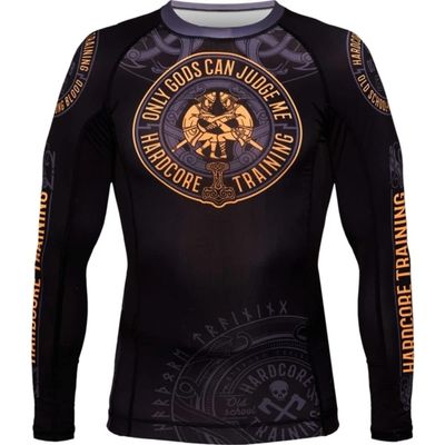 Hardcore Training Glima Men's Rash Guard Compression Long Sleeve MMA No-Gi Tight BJJ Grappling Base Layer Fitness Black/Orange