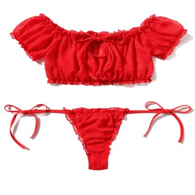 Avidlove Womens Lingerie Self Tie Ruffle Trim Dobby Teddy Mesh Lingerie Set Sexy Bra and Panty Set Red XS