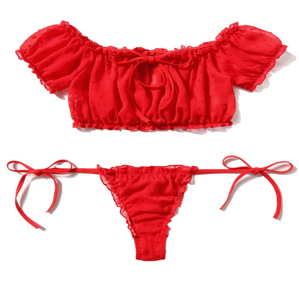 Avidlove Womens Lingerie Self Tie Ruffle Trim Dobby Teddy Mesh Lingerie Set Sexy Bra and Panty Set Red XS