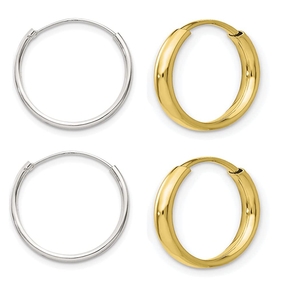 1 Pair - .925 Sterling Silver and - 1 Pair 14K Yellow Gold Filled (Large Size 1.25x20mm) Endless Hoop Earrings With Anti-Tarnish (Total: 4Pcs/2Pairs)