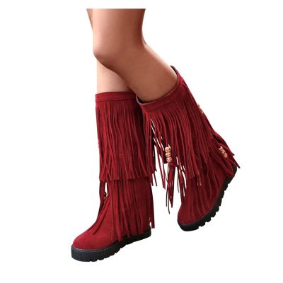 Bcshiye Women's Fringe Boots Moccasins Knee High Western Boot Tassel Vintage Suede Winter Flat Mid Calf Booties