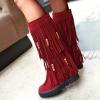 Bcshiye Women's Fringe Boots Moccasins Knee High Western Boot Tassel Vintage Suede Winter Flat Mid Calf Booties view 4