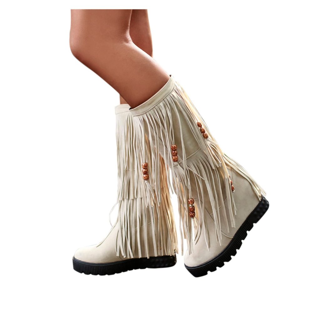 Bcshiye Women's Fringe Boots Moccasins Knee High Western Boot Tassel Vintage Suede Winter Flat Mid Calf Booties