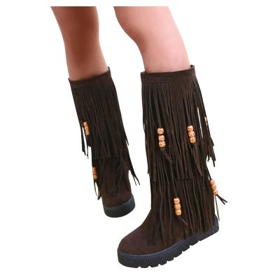 Bcshiye Women's Fringe Boots Moccasins Knee High Western Boot Tassel Vintage Suede Winter Flat Mid Calf Booties