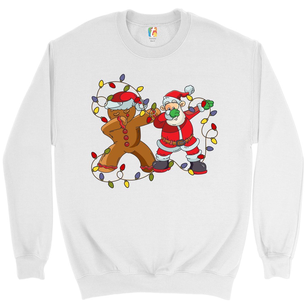 Tee Hunt Gingerbread Man and Santa Claus Dab Dance Sweatshirt Merry Christmas Crewneck White Small
