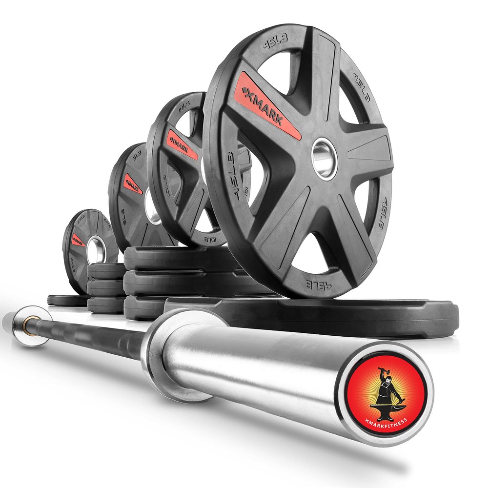 XMARK Olympic Weight Set | 155 lb Texas Star Rubber-Coated Olympic Weight Set With XMARK Blacksmith Barbell Bar