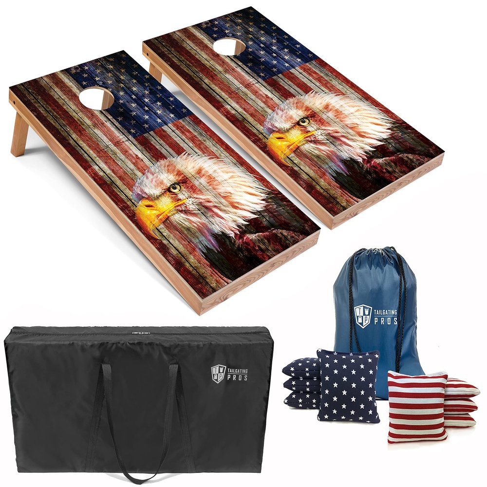 Tailgating Pros Cornhole Board Set w/Bean Bags and Carrying Case - 4'x2' Corn Hole Toss - Tournament and Lightweight Options - Optional LED Lights (Eagle/American Flag)