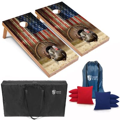Tailgating Pros Cornhole Board Set w/Bean Bags and Carrying Case - 4'x2' Corn Hole Toss - Tournament and Lightweight Options - Optional LED Lights (Turkey/American Flag)
