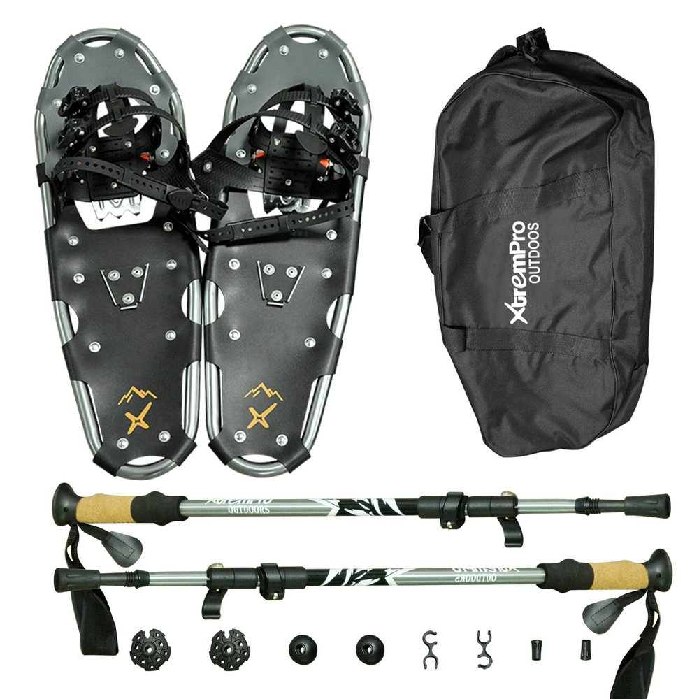 Xtrempro All Terrain Snowshoes with Trekking Poles,Lightweight Aluminum Snowshoes and Trekking Poles for Women/Men/Kids,Adjustable Ratchet Bindings and Carrying Tote Bag(Silver, 21.00)