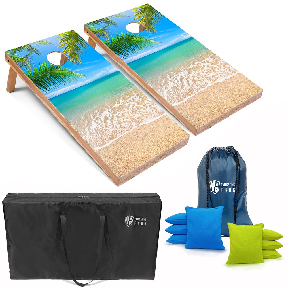 Tailgating Pros Cornhole Board Set w/Bean Bags and Carrying Case - 4'x2' Corn Hole Toss - Tournament and Lightweight Options - Optional LED Lights (Beach)
