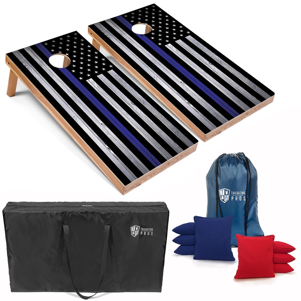 Tailgating Pros Cornhole Board Set w/Bean Bags and Carrying Case - 4'x2' Corn Hole Toss - Tournament and Lightweight Options - Optional LED Lights (Thin Blue Line)