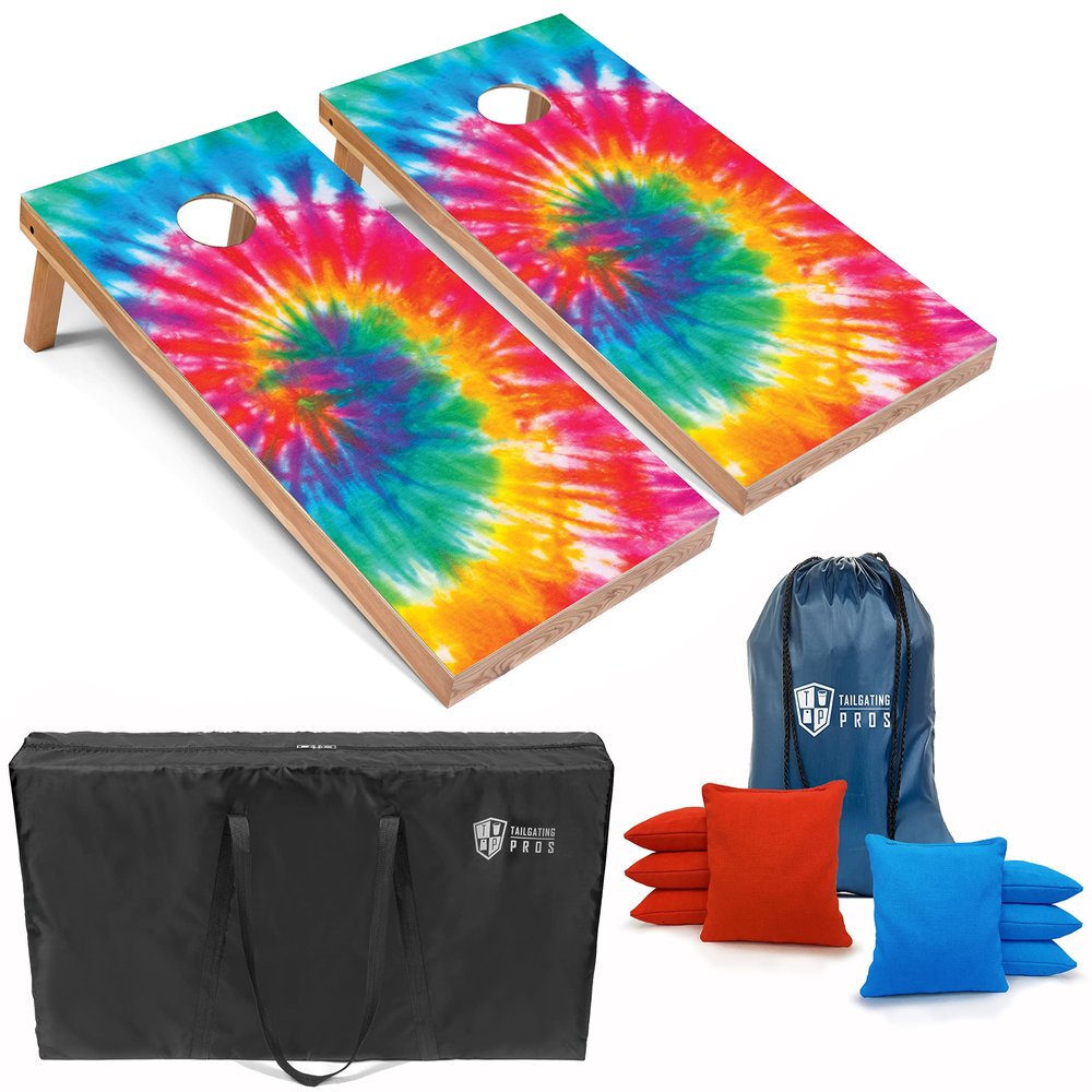 Tailgating Pros Cornhole Board Set w/Bean Bags and Carrying Case - 4'x2' Corn Hole Toss - Tournament and Lightweight Options - Optional LED Lights (Tie Dye)