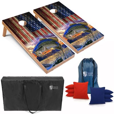 Tailgating Pros Cornhole Board Set w/Bean Bags and Carrying Case - 4'x2' Corn Hole Toss - Tournament and Lightweight Options - Optional LED Lights (Fish/American Flag)