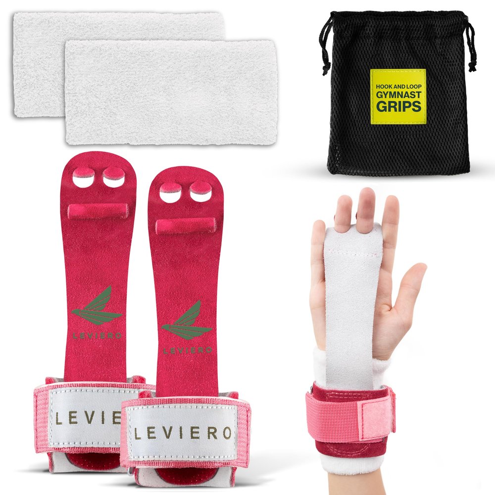 LEVIERO Gymnastics Grips Set Narrow Nippers, Grips for Gymnastics Girls, Dowel Grips with Soft Leather, Hook and Loop Wrist Straps, and Adjustable Finger Holes, for All Ages - (Pink, 2)