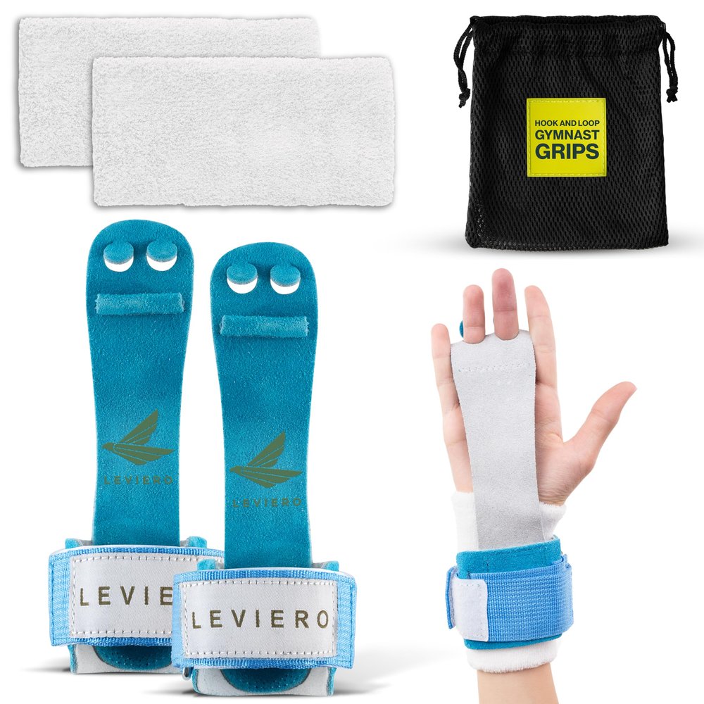 LEVIERO Gymnastics Grips Set Narrow Nippers, Grips for Gymnastics Girls, Dowel Grips with Soft Leather, Hook and Loop Wrist Straps, and Adjustable Finger Holes, for All Ages - (Aqua, 1)