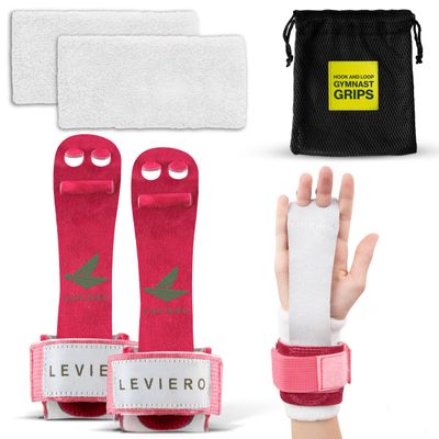 LEVIERO Gymnastics Grips Set Narrow Nippers, Grips for Gymnastics Girls, Dowel Grips with Soft Leather, Hook and Loop Wrist Straps, and Adjustable Finger Holes, for All Ages - (Pink, 1)