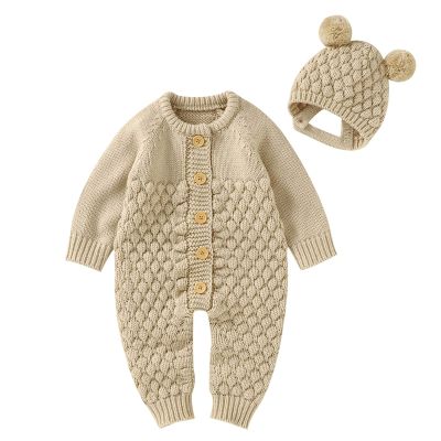 Ikevan 0-18 Months Baby Knitted Sweater Romper Long Sleeve One-Pieces Jumpsuit Outfits Hat Set for Newborn Girl Boy (Khaki, 12-18 Months)