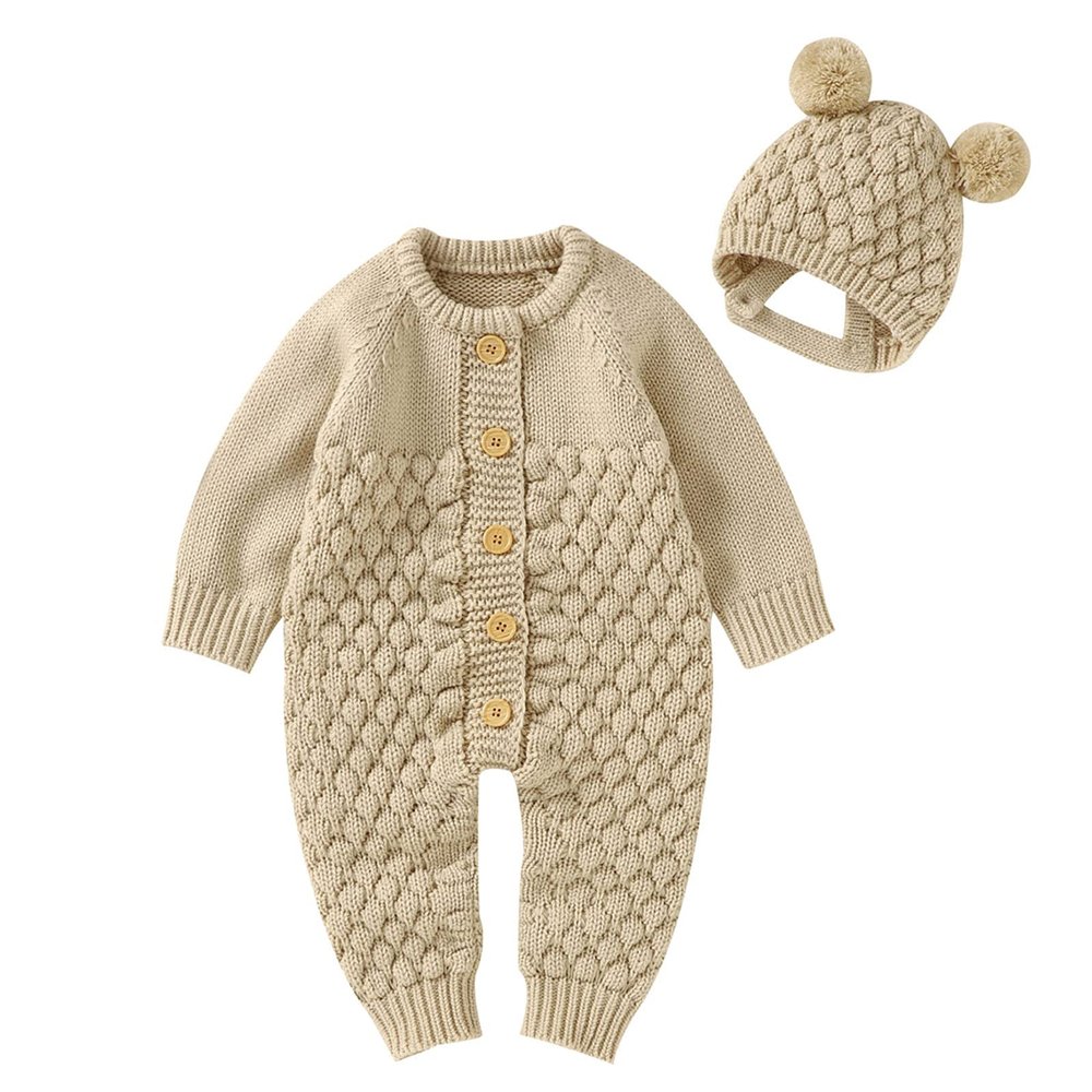 Ikevan 0-18 Months Baby Knitted Sweater Romper Long Sleeve One-Pieces Jumpsuit Outfits Hat Set for Newborn Girl Boy (Khaki, 12-18 Months)