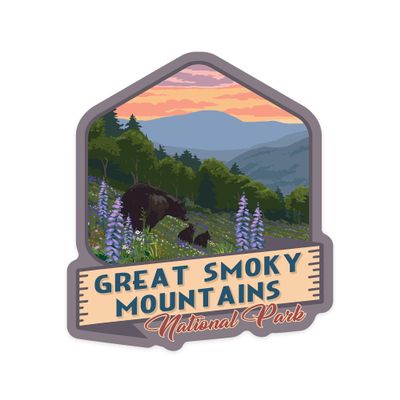 Die Cut Sticker Great Smoky Mountains National Park, Tennessee, Bear and Spring Flowers, Vinyl Sticker, (Waterproof Decal for Cars, Water Bottles, Laptops, Coolers), Large