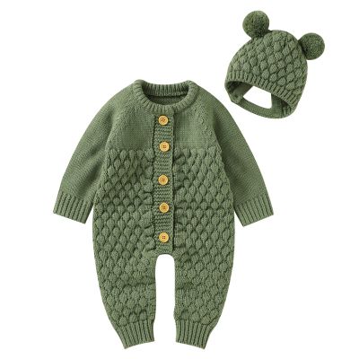 Ikevan 0-18 Months Baby Knitted Sweater Romper Long Sleeve One-Pieces Jumpsuit Outfits Hat Set for Newborn Girl Boy (Green, 12-18 Months)
