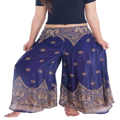 Lannaclothesdesign Palazzo Pants for Women Wide Leg Boho Harem Yoga Pants S M L XL Sizes (S, Dark Blue Peacock Flower, Length 41 inches)