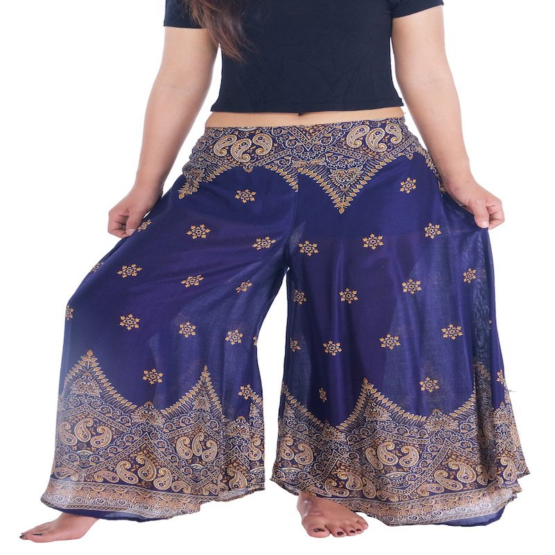 Lannaclothesdesign Palazzo Pants for Women Wide Leg Boho Harem Yoga Pants S M L XL Sizes (S, Dark Blue Peacock Flower, Length 41 inches)