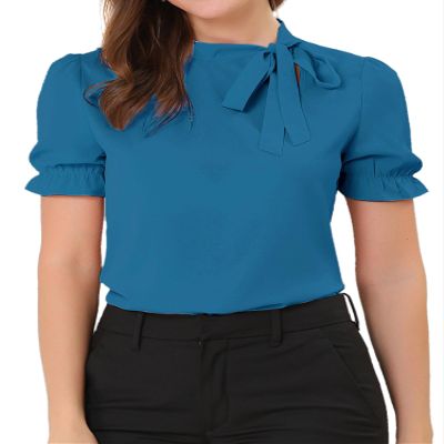 Allegra K Women's Bow Tie Neck Tops Elegant Office Short Sleeve Blouse Small Peacock Blue