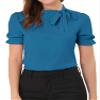 Allegra K Women's Bow Tie Neck Tops Elegant Office Short Sleeve Blouse Small Peacock Blue view 1