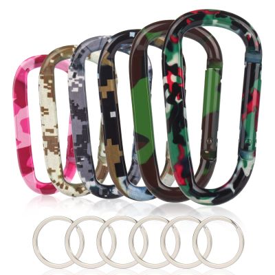 CampTek 6PCS Carabiner Caribeaner Clip,3" Large Aluminum D Ring Shape Carabeaner with 6PCS Keyring Keychain HookMulti Camouflage