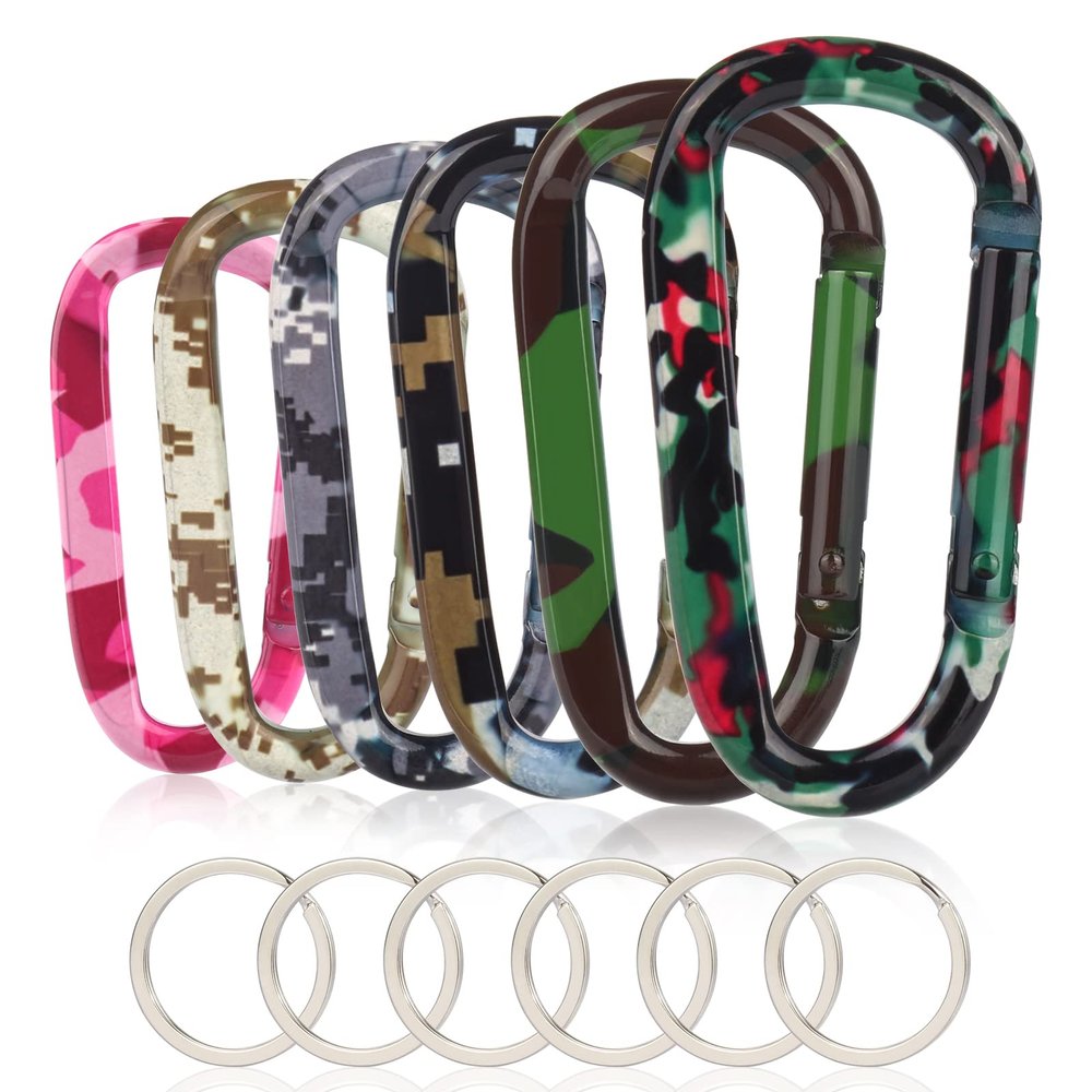 CampTek 6PCS Carabiner Caribeaner Clip,3" Large Aluminum D Ring Shape Carabeaner with 6PCS Keyring Keychain HookMulti Camouflage