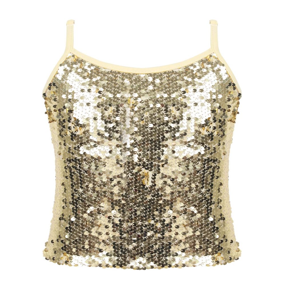 Manyakai Kids Girls Sequins Camisole Tank Top Spaghetti Straps Tee Shirts Top Dance Performance Tops Gold 12 Years