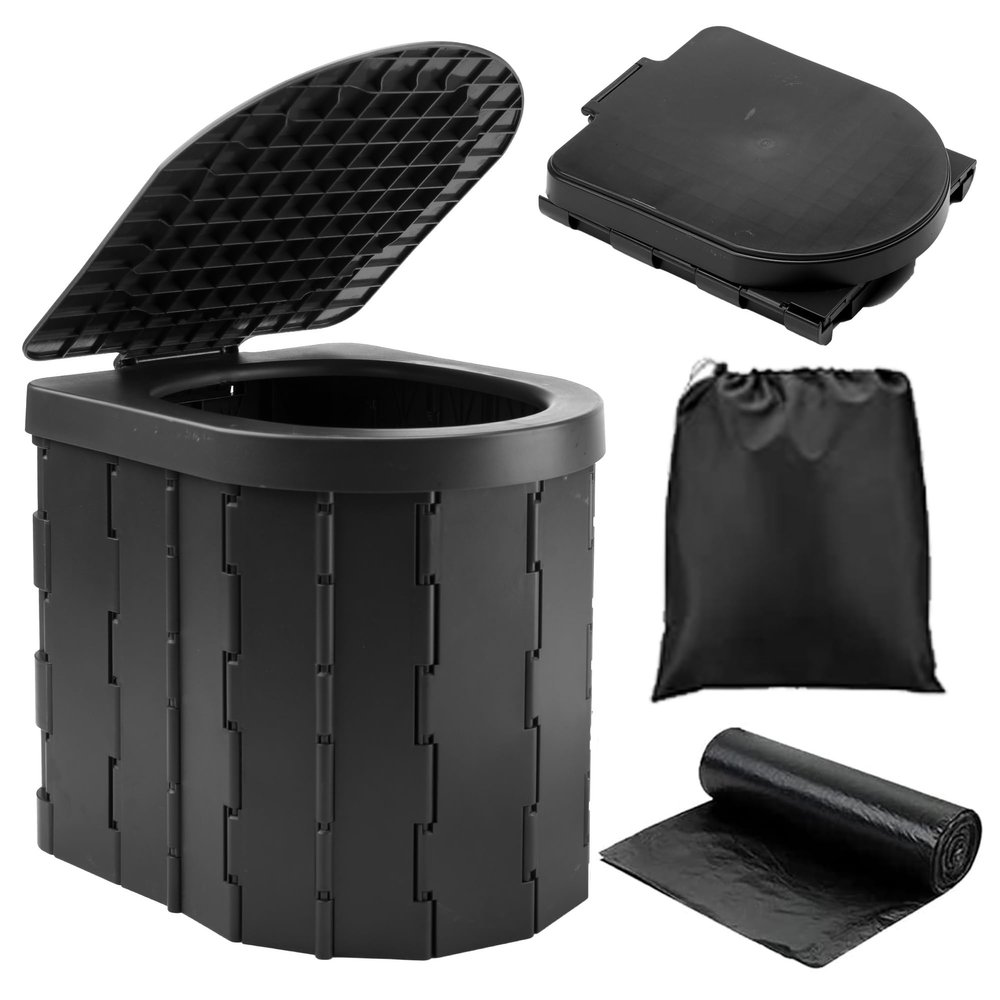 KINSPORY Camping Toilet, Portable Toilet for Adults & Kids, Foldable Potty & Outdoor Emergency Sanitation Products, Trash Can, Stool for Car Truck Camping Travel Hiking Fishing Long Trips (Deep Black)