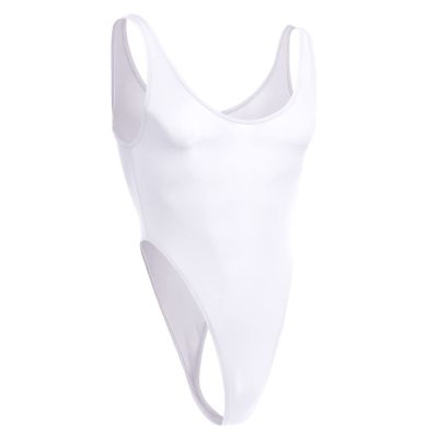 ABAFIP Men's Lingerie Solid Color Semi See Thru High Cut One Piece Thong Leotard Bodysuit Scoop Neck Mankini Swimwear Sexy Undershirt Underwear White One Size