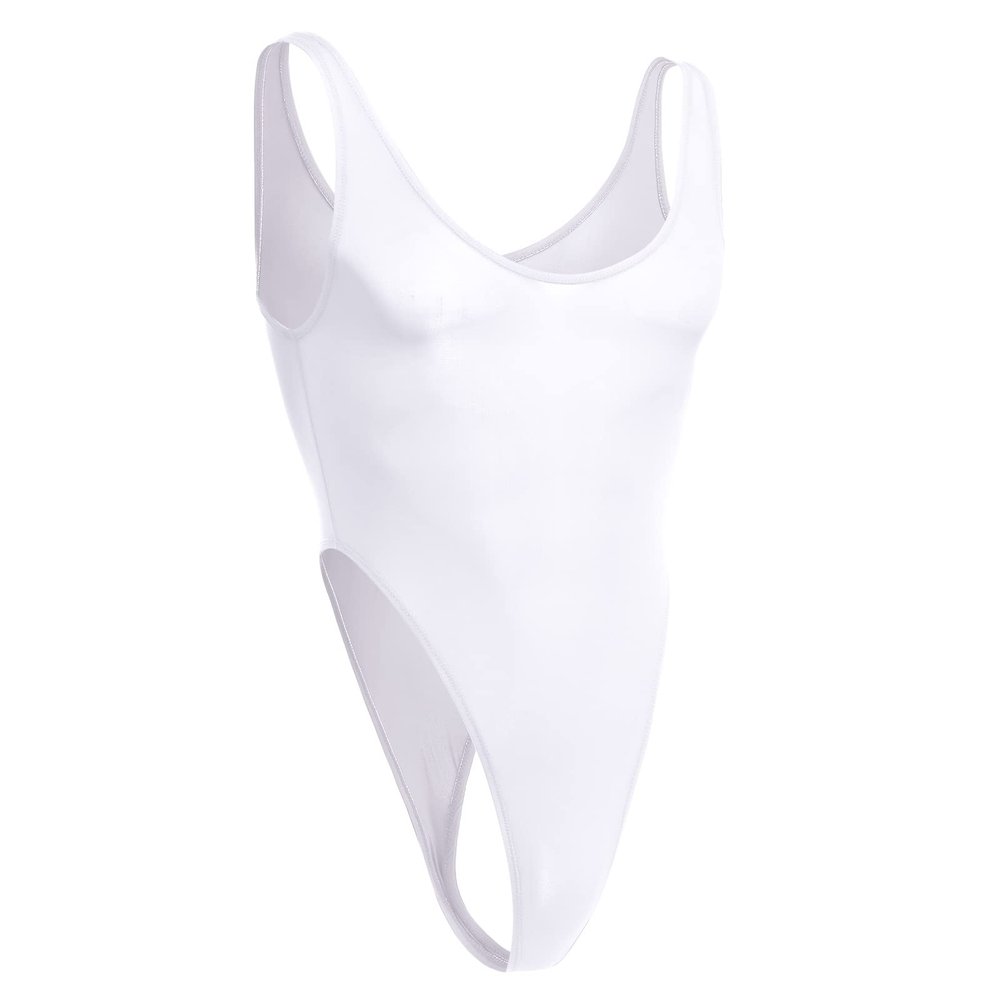 ABAFIP Men's Lingerie Solid Color Semi See Thru High Cut One Piece Thong Leotard Bodysuit Scoop Neck Mankini Swimwear Sexy Undershirt Underwear White One Size
