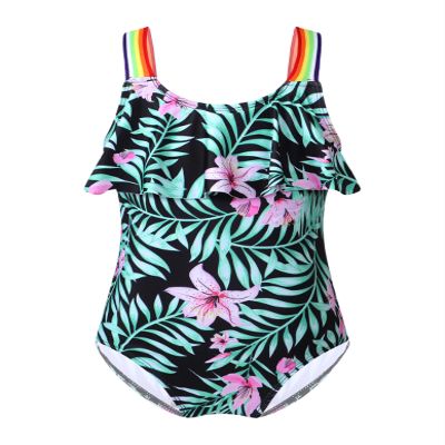 Loloda Girls' Ruffled Floral Printed Swimsuit One Piece Beach Sports Hawaiian Swimwear Bathing Suit Black 6 Years