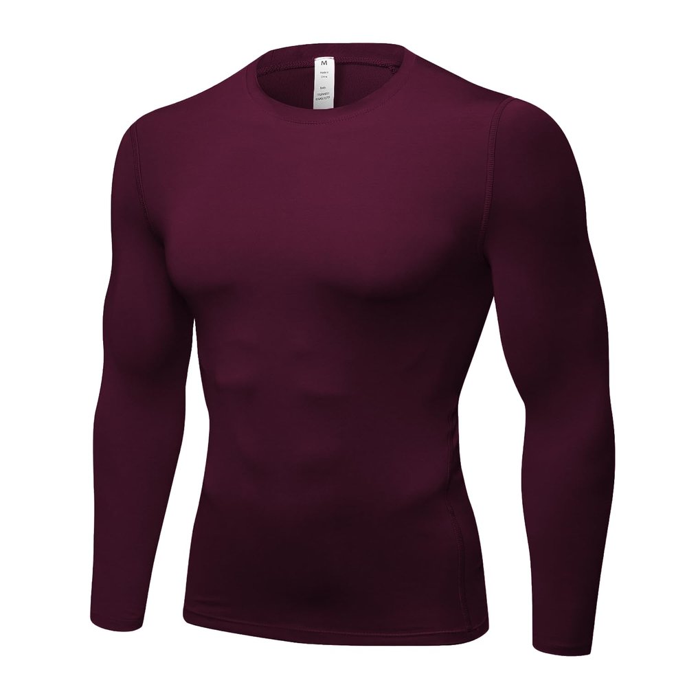 Men's Compression Long Sleeve Shirts, Cool Dry Sport Workout Underwear Shirt Athletic Baselayer Running Gym Tops Wine
