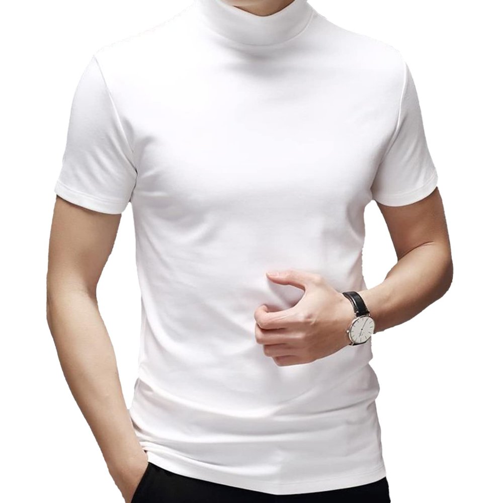 Freebily Mens Basic Turtleneck Short Sleeve T-Shirts Slim Fit Undershirt Solid Knitwear Sweaters White XX-Large